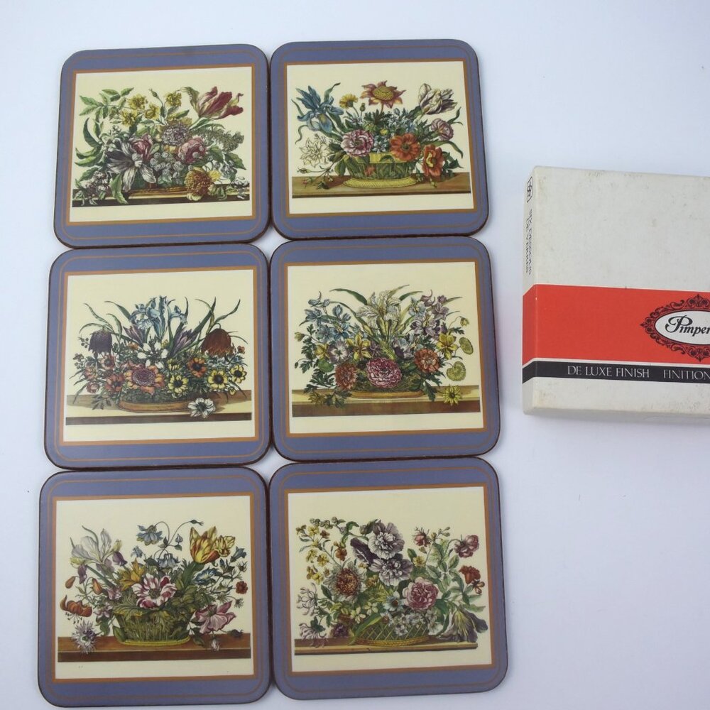 VTG Pimpernel Set of 6 Coasters Floral Array 4" Cork Backed w Box Ex Condition